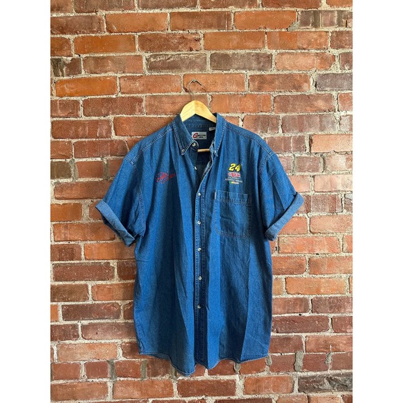 Vintage 90s Nascar raw denim button down Jeff Gordon shirt - Picture 1 of 5